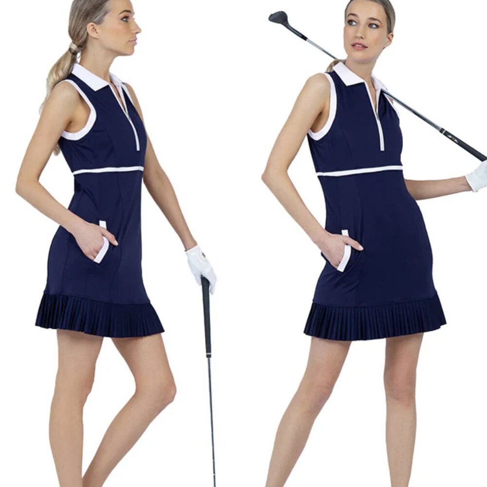 inPhorm Aubrey Golf Dress Medium Ink White Zip Front UPF 50 Plus Tennis Athletic